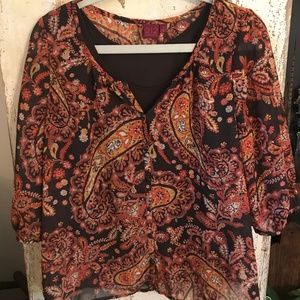 212 Collection Paisley Orange, Brown, Gold Boxy Sheer Blouse